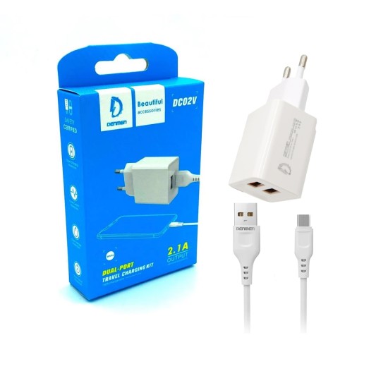 CHARGER ADAPTER DENMEN DC02V DUAL USB PORTS 2.4A WITH MICRO USB CABLE WHITE